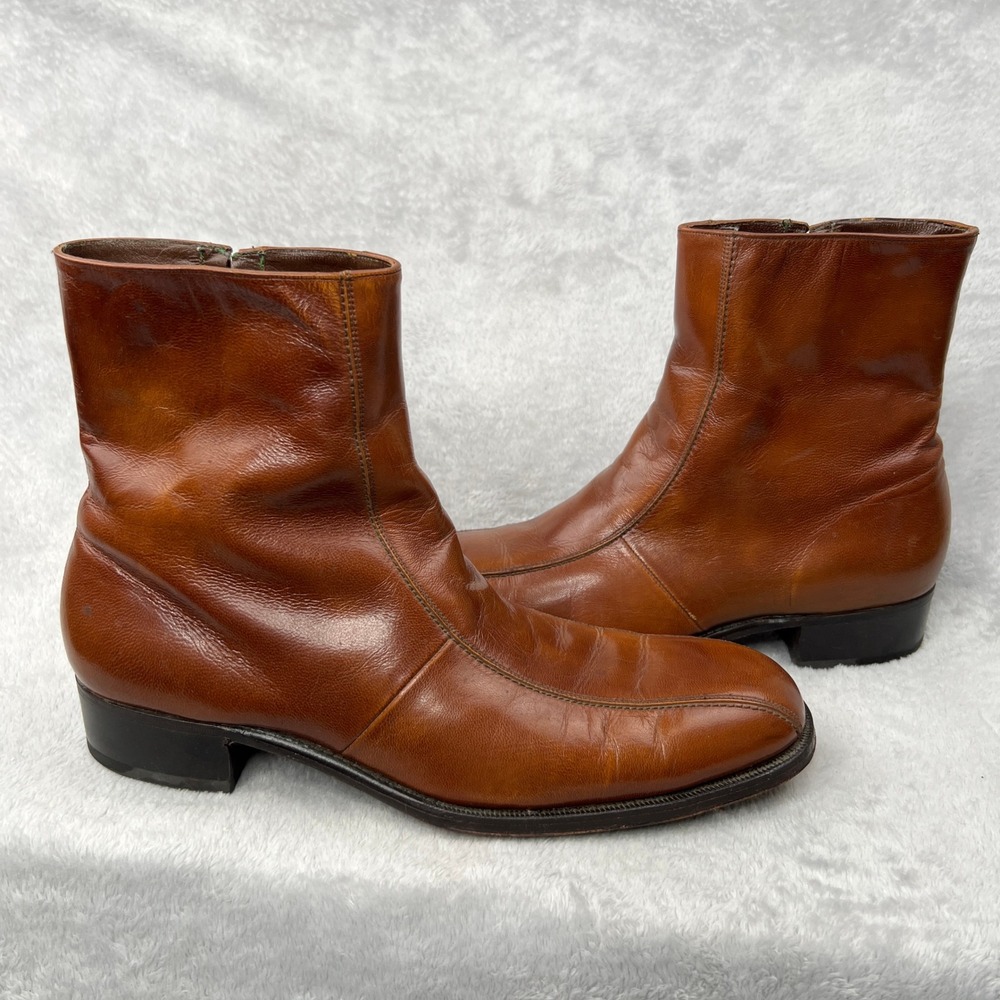 Florsheim Imperial Leather Side Zip Boots Size 11.5 B Cognac Mens Vintage Dress